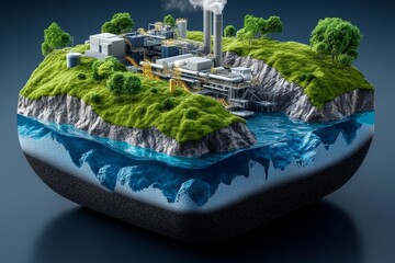 Geothermal energy innovation is depicted in a detailed illustration of a cutting-edge geothermal power facility