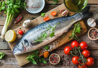 Wall Mural - Fresh Sea Bass on a Wooden Cutting Board with Herbs and Spices