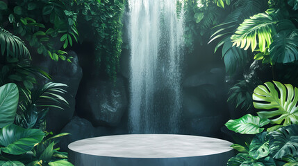 Podium floor in outdoors waterfall green leaf tropical forest nature background. natural healthy product present placement pedestal counter stand display, jungle concept. Waterfall. Illustration