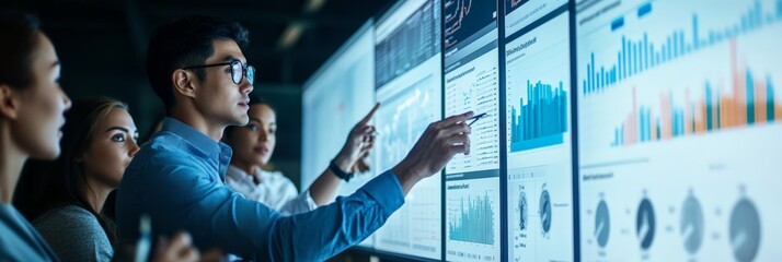 Poster - Business team reviewing data on large digital screens in a dark office, representing data analysis, technology, and collaboration.