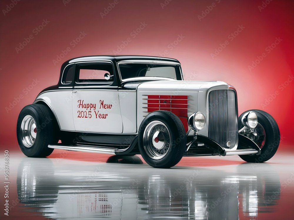 Beautiful unique white vintage hot rod car, happy new 2025 year text, automotive background, tuning template, wallpaper, auto transport