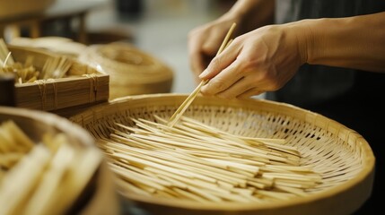 Wall Mural - Hand Reaching for Wooden Sticks in a Wicker Basket