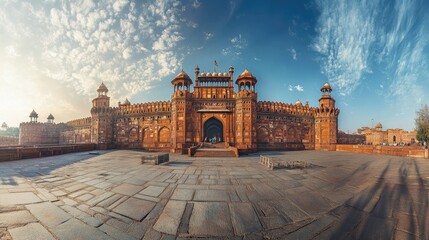 A panoramic view of the majestic Red Fort in Delhi, with its towering walls and intricate architecture.