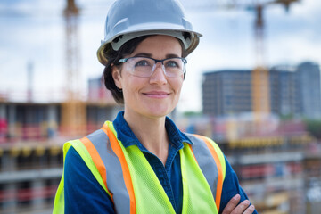 Female engineer construction site. Confident female engineer wearing hard hat and safety vest on construction site.