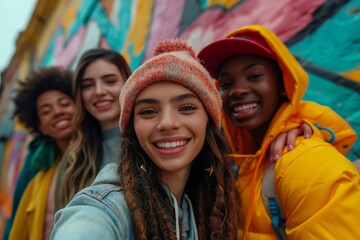 A group of friends smiling in front of a colorful graffiti wall, dressed in casual and vibrant streetwear.