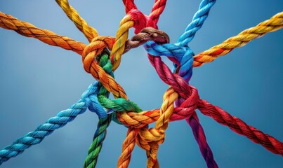 Close-up of interconnected colorful ropes tied in knots against a blue background. Unity and teamwork concept.