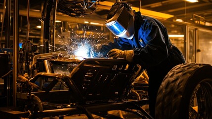 Poster - Welder Wearing a Protective Mask Works on a Metal Frame