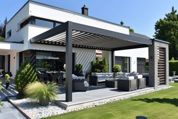 Modern Black Aluminum Patio Cover with White Slats, Lawn, Garden Furniture, Summer Sunlight, and Elegant House in Germany