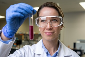 Wall Mural - lab scientist examining sample. a woman scientist in a lab coat and protective eyewear examining a s