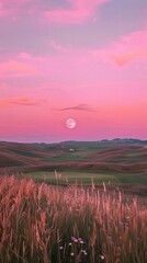 Wall Mural - Serene sunset over rolling hills with a large moon in a pastel pink sky Soft golden grass in the foreground adds warmth to the peaceful landscape