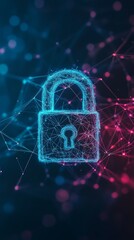 Poster - Glowing blue lock icon in a network of digital connections representing cyber security. Digital safety and data protection concept.