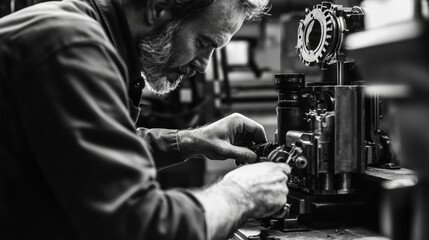 Aufkleber - A Bearded Man Working on a Complex Industrial Machine