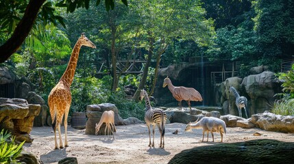 Wall Mural - A variety of exotic zoo animals in their naturalistic enclosures, with lush greenery and rocky terrain.