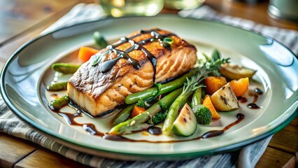 Wall Mural -  Photo of a seafood dish with seared salmon, asparagus, grilled zucchini, carrots, and balsamic glaze on a white round plate against a white background, top view