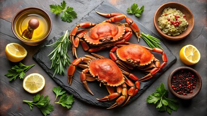 Wall Mural - Cooked crabs with spices and herbs on slate table. Sea food