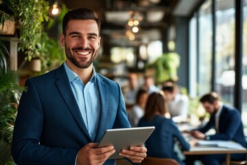 Aufkleber - A sharply dressed businessman is engaging in a dynamic workplace, using a modern tablet to enhance productivity and facilitate collaboration, promoting a positive environment and teamwork