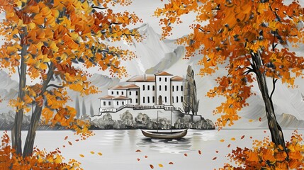 Wall Mural - an autumn scene with trees, leaves, and a house by the river 