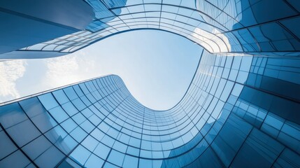 Poster - Curved Glass Facade of Modern Building Reflecting Sky
