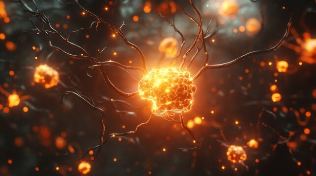 Synapses firing in an intricate network of interconnected neurons, showcasing brain activity. Copy text space provided.