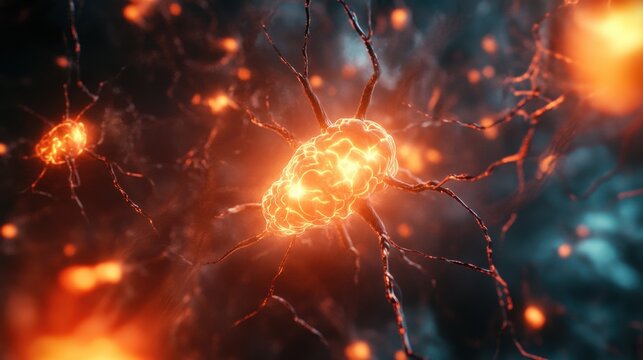 Synapses firing in an intricate network of interconnected neurons, showcasing brain activity. Copy text space provided.