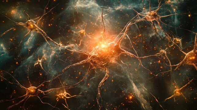 Synapses firing in an intricate network of interconnected neurons, showcasing brain activity. Copy text space provided.