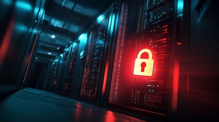 Poster - Digital servers with red and blue lighting featuring a glowing lock icon. Emphasizing cybersecurity and protection.