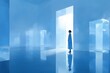 © Peeradontax - A surreal scene featuring a solitary figure silhouetted against a backdrop of large, semi-transparent blue monoliths.