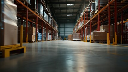 Poster - Empty Warehouse Aisle with Cardboard Boxes on Shelves