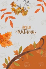 Autumn abstract colorful Background. Fall season and Thanksgiving theme.with leaves and geometric pattern. Nature elements for poster, banner, cover, card, Sale, advertising