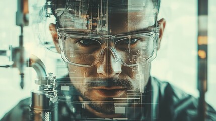 Poster - Close-up of a Man in Safety Glasses with a Digital Overlay