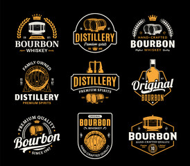 Wall Mural - Vector white and yellow vintage bourbon whiskey logo isolated on a black background for distillery, bar, pub branding, design and identity