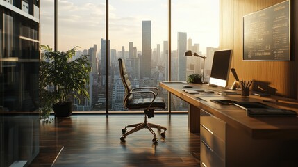 Poster - Modern Office Space with a City View and a Wooden Desk