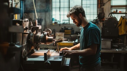 Poster - Man operating a metalworking machine in a workshop