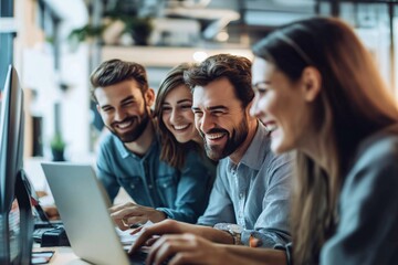 Poster - A truly engaged team is actively collaborating in a modern office environment where innovation thrives and communication flows freely, leading to enhanced business outcomes and creativity