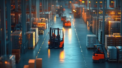 Poster - Forklift in a Warehouse with Pallets of Boxes