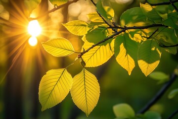 Springtime forest with setting sun shining through leaves and branches. Nature, forestry, habitat, environment and sustainability concepts with generative ai