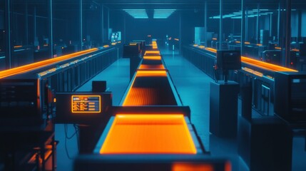 Canvas Print - Futuristic Conveyor Belts in a Dark Room with Blue and Orange Lighting