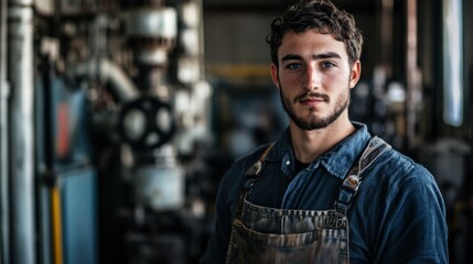 Wall Mural - A Young Man Wearing a Denim Shirt and Apron in a Factory Setting