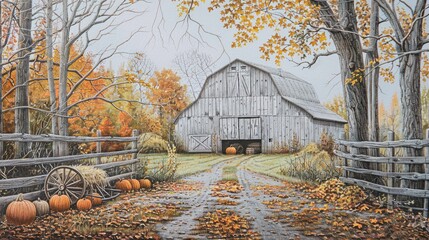 Sticker - an old barn with hay and pumpkins