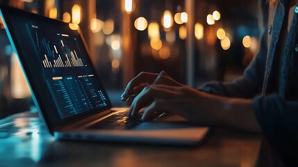 Sticker - Person Typing on Laptop with Financial Charts Displayed on Screen