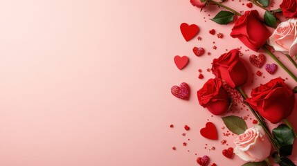 Poster - Romantic Roses and Hearts on Pink Background