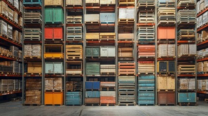 Poster - Stacked Pallets and Crates in a Warehouse Storage Facility