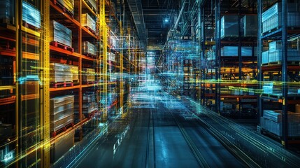 Poster - Warehouse Interior with Futuristic Digital Overlay