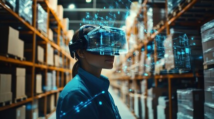 Poster - Woman in Virtual Reality Headset in Warehouse Setting