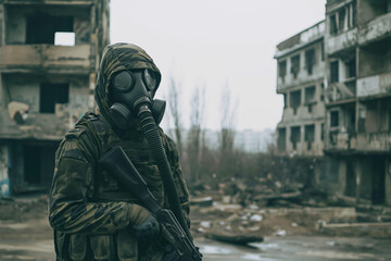 Military Soldier in Gas Mask Amidst War Torn Buildings and Abandoned Urban Ruins