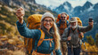 © SerPak - A vibrant woman in hiking gear enthusiastically leads a group of friends on a mountain hike, amidst a breathtaking, picturesque mountain landscape, epitomizing adventure and friendship.