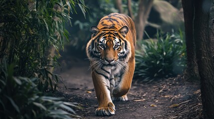Wall Mural - A fierce tiger prowling through its zoo enclosure, with intense focus in its eyes.
