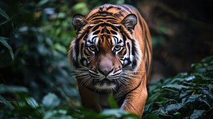 Wall Mural - A fierce tiger prowling through its zoo enclosure, with intense focus in its eyes.