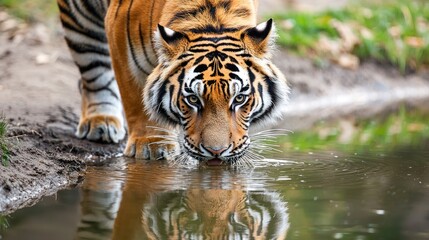 Wall Mural - A close-up of a tiger drinking from a water source in its zoo, with its reflection visible.