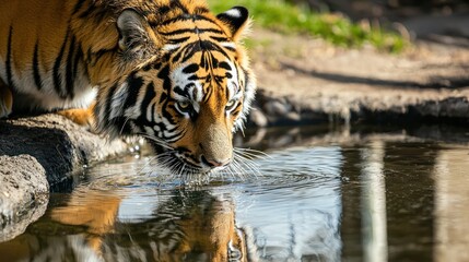 Wall Mural - A close-up of a tiger drinking from a water source in its zoo, with its reflection visible.